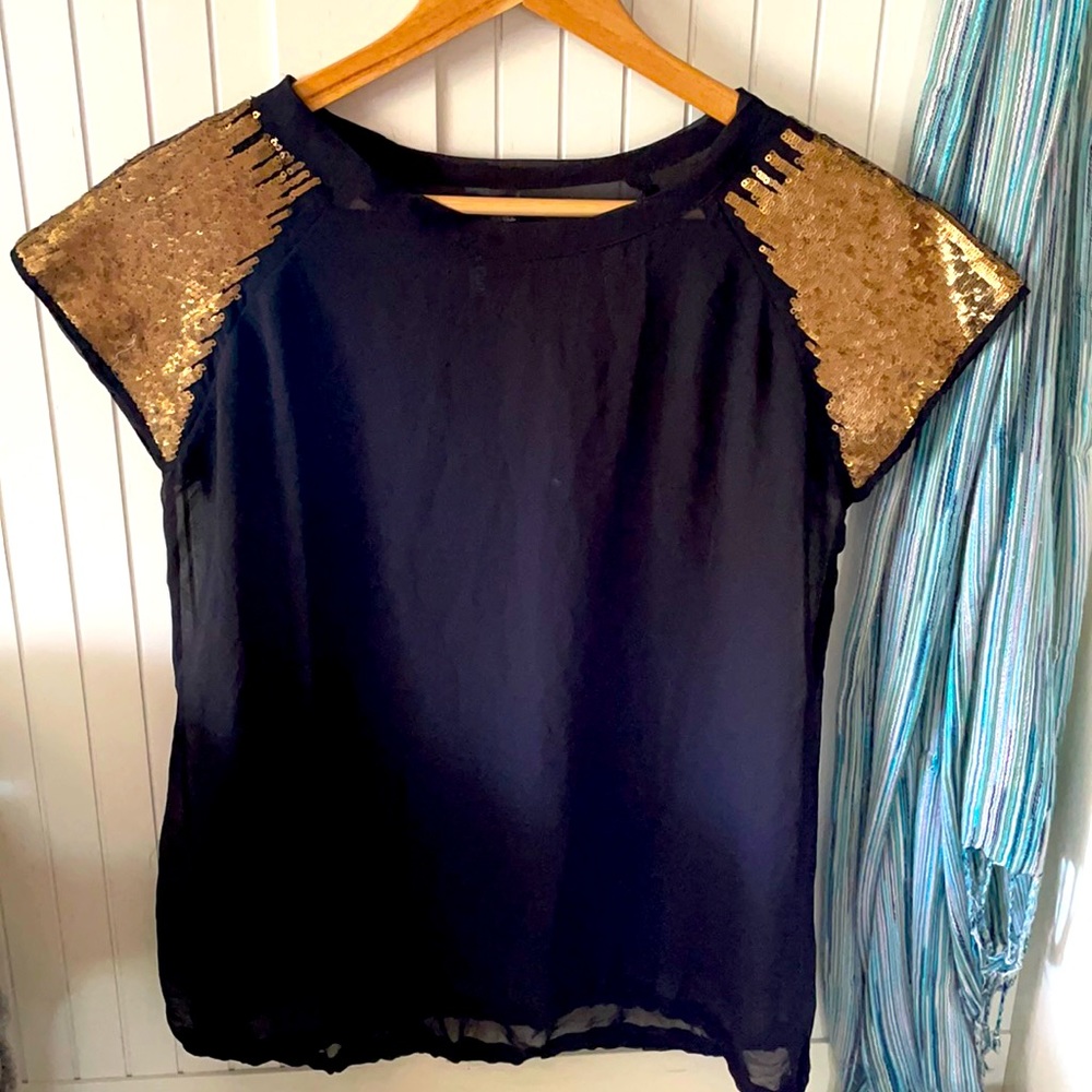 Black sheer top with sequin shoulders